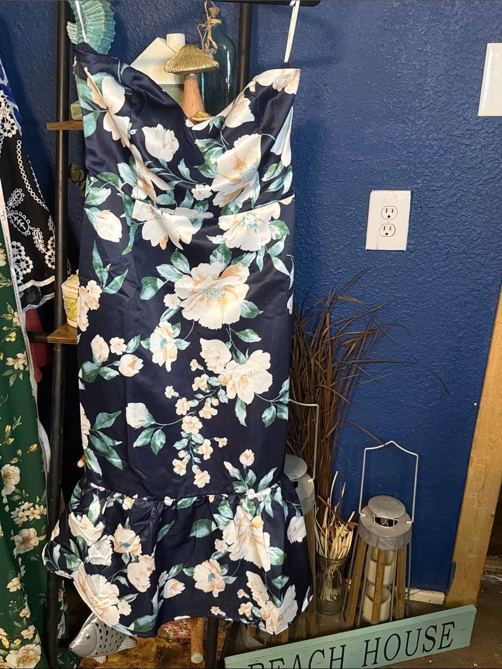 Lulu's Navy Floral Midi Dress with Cream & Green Accents